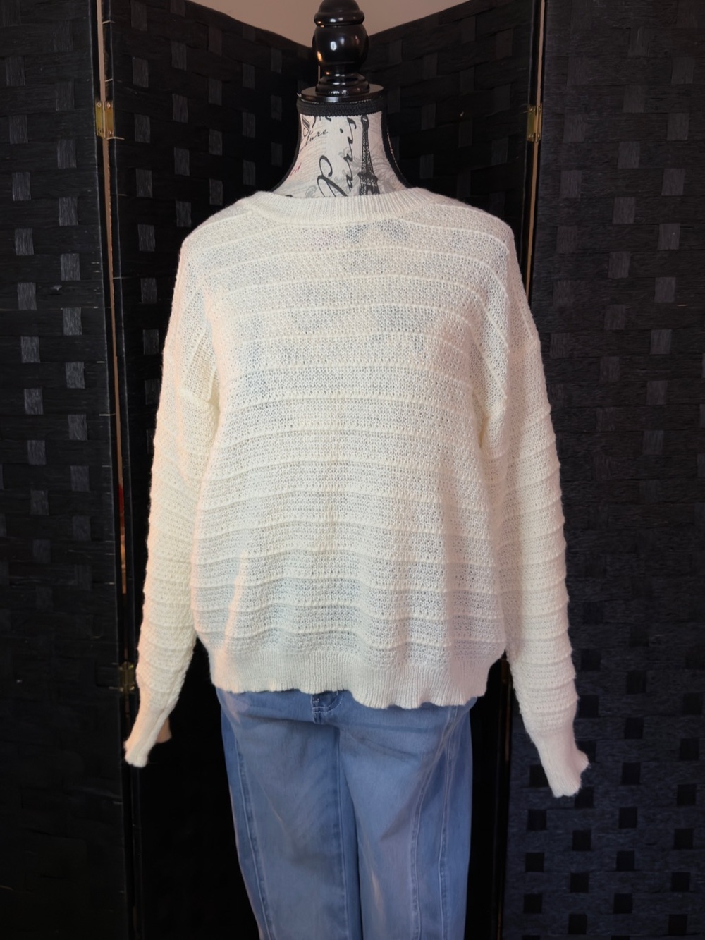 Cream Lightweight Open-Knit Women’s Sweater with Bow on the back side